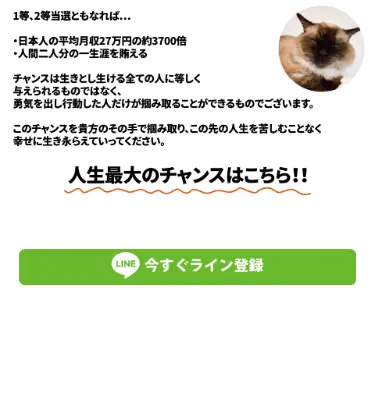 「貴方はこの先も生き永らえたいですか?」「日本人の平均月収27万円の約3700倍」「人生最大のチャンスはこちら!!」と記載