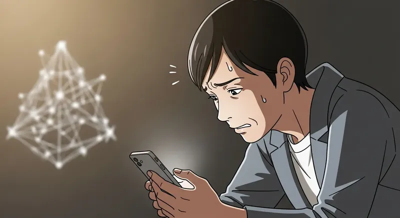 スマホを見ながらネットワークビジネスについて悩んでいる人のイメージ